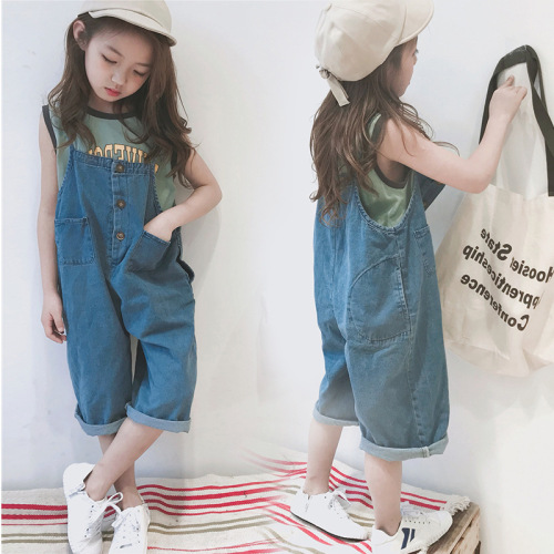 New summer style children's clothing, Korean style reversible overalls for girls, solid color denim wide leg pants for middle and large children