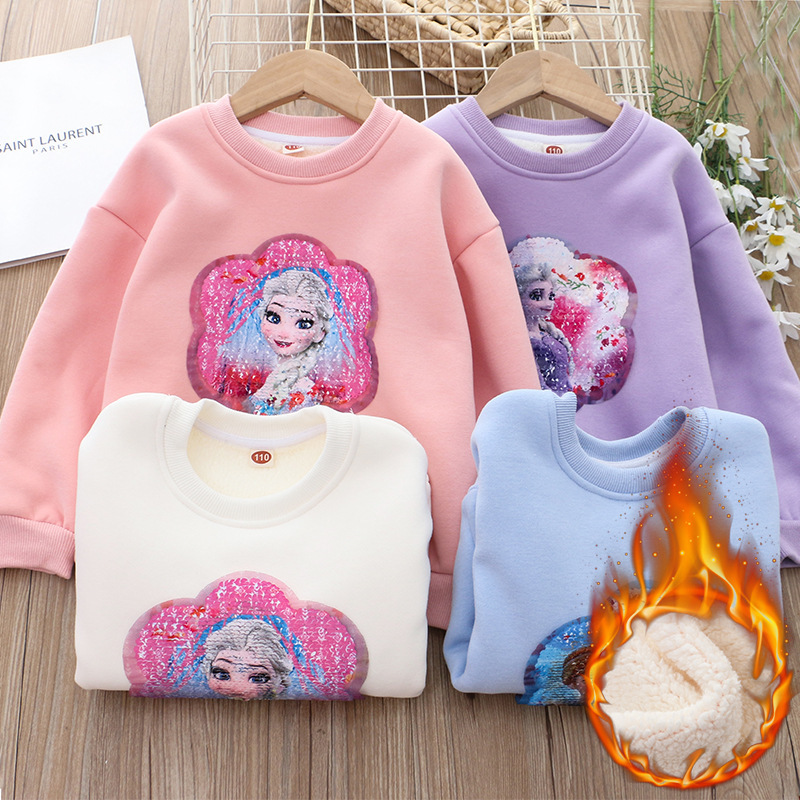 Children's clothing winter new little girl's velvet sweatshirt flip color-changing sequin girls thickened top T-shirt