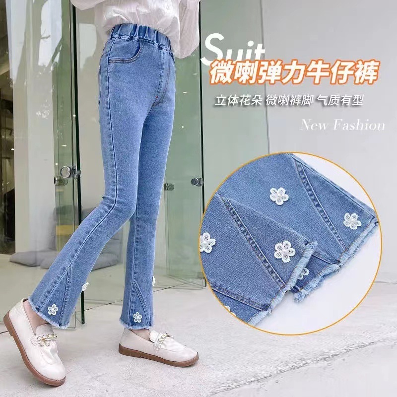 Girls' jeans, spring and autumn style, children's clothing, fashionable bell-bottoms, Korean style children's stretch pants, outer wear for middle-aged and older children