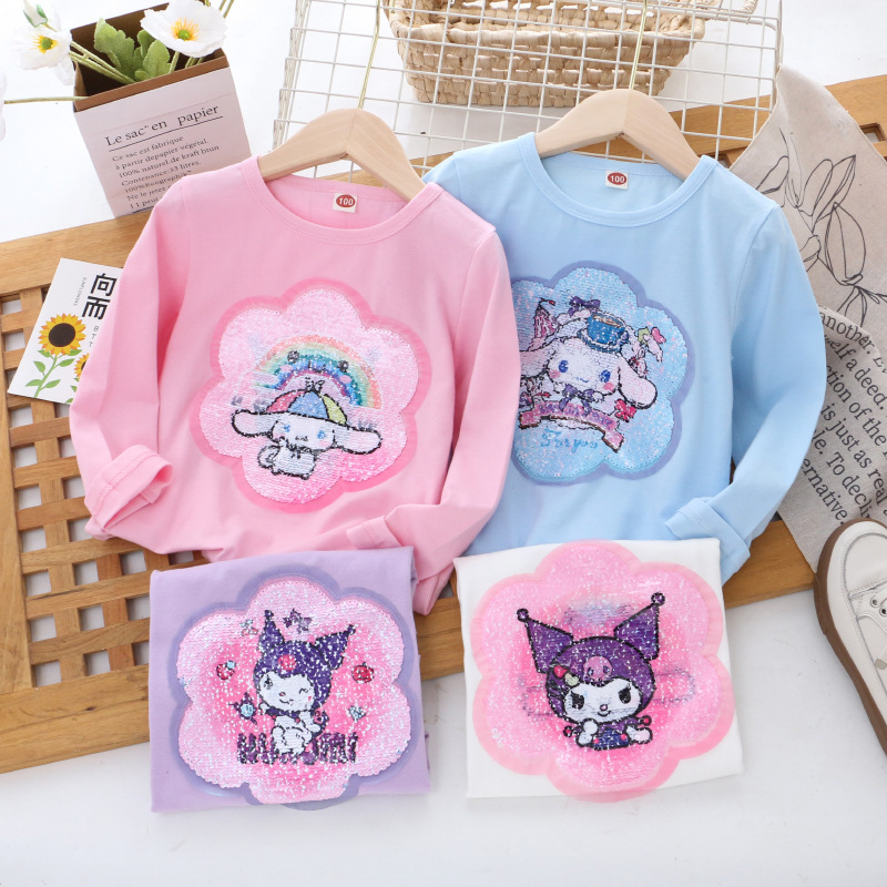 Girls Spring and Autumn Bottoming Shirt Children's Clothing Autumn Clothing New Color Changing Sequin Long Sleeve T-Shirt Cotton