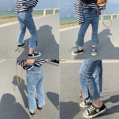 Girls light color slim fit stretch jeans spring and autumn new baby girl trousers Korean style side slit flared trousers