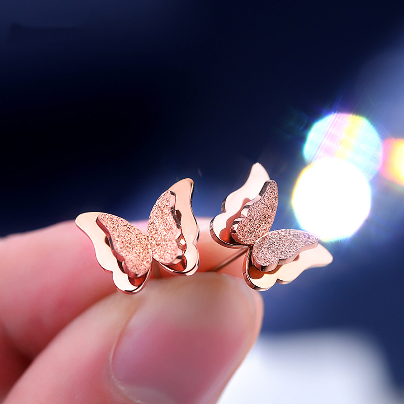 Japanese and Korean version of fashionable and simple titanium steel butterfly earrings niche design ins recommended rose gold earrings jewelry