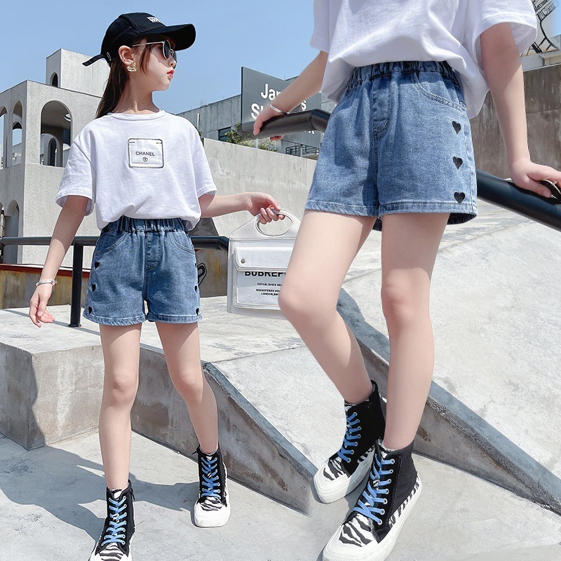 Girls denim shorts summer thin section medium and large children baby little girl embroidered hot pants outer wear children's pants wholesale