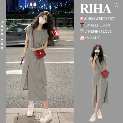 2024 new slimming niche design gray casual t-shirt dress summer women's slit long skirt