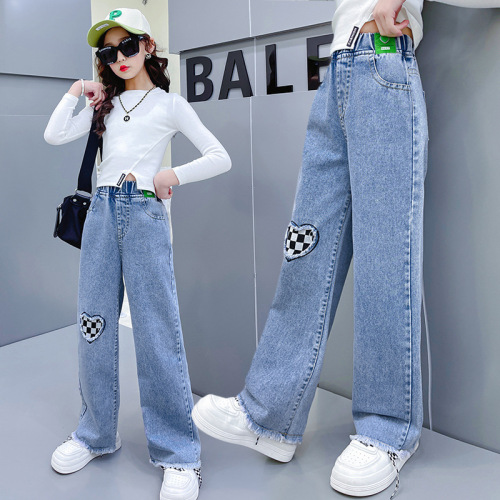 Girls' wide-leg jeans spring and autumn new children's clothing wholesale Internet celebrity trend medium and large children's pants straight pants