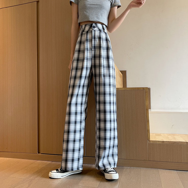 實拍~ 2024格子褲寬鬆顯瘦闊腿褲拖地褲休閒褲長褲女潮