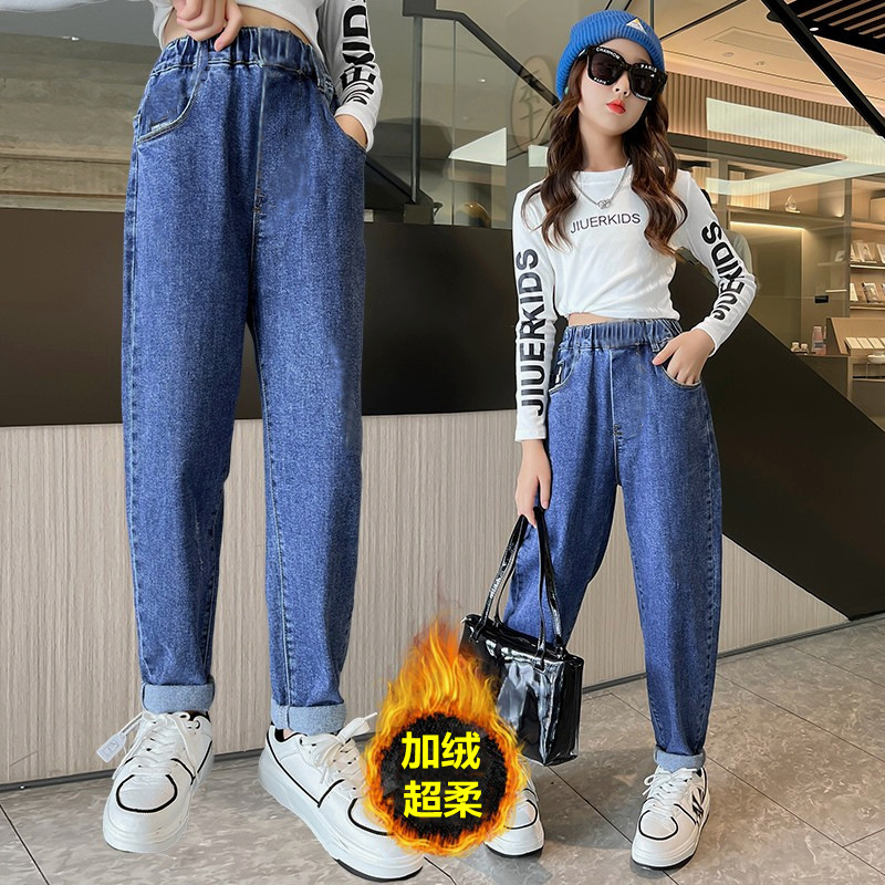 Girls' velvet jeans autumn and winter new medium and large children's one-piece velvet black thickened children's trousers casual long trousers