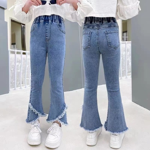 Girls' trousers for spring and autumn outer wear new style stretchy slim denim bell bottoms children's spring trousers