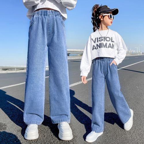 Girls' straight-leg jeans, spring and autumn style, stylish little girls, medium and large children's autumn casual loose children's wear wide-leg pants
