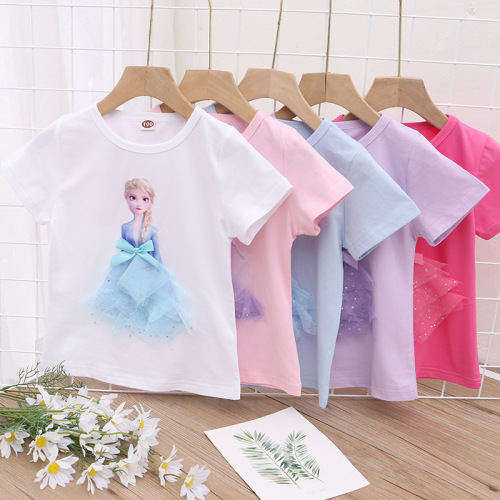 2024 children's clothing Korean version new summer girls short-sleeved T-shirts for small and medium-sized children three-dimensional princess foreign trade factory