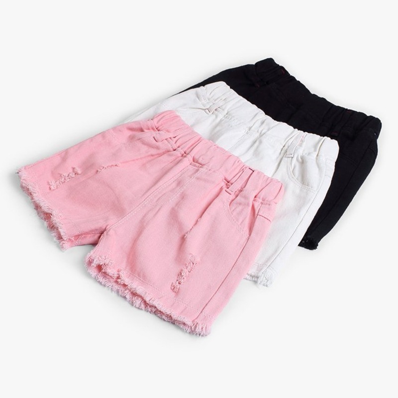 Girls' shorts pink new summer outer wear medium and large children's trendy jeans loose raw edge pants fashionable