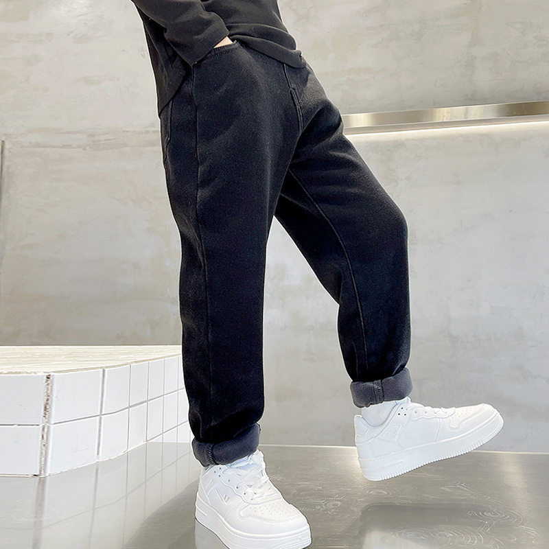Boys' jeans plus velvet winter medium and large children's pants Korean style autumn and winter thickened boys' one-piece velvet black trousers