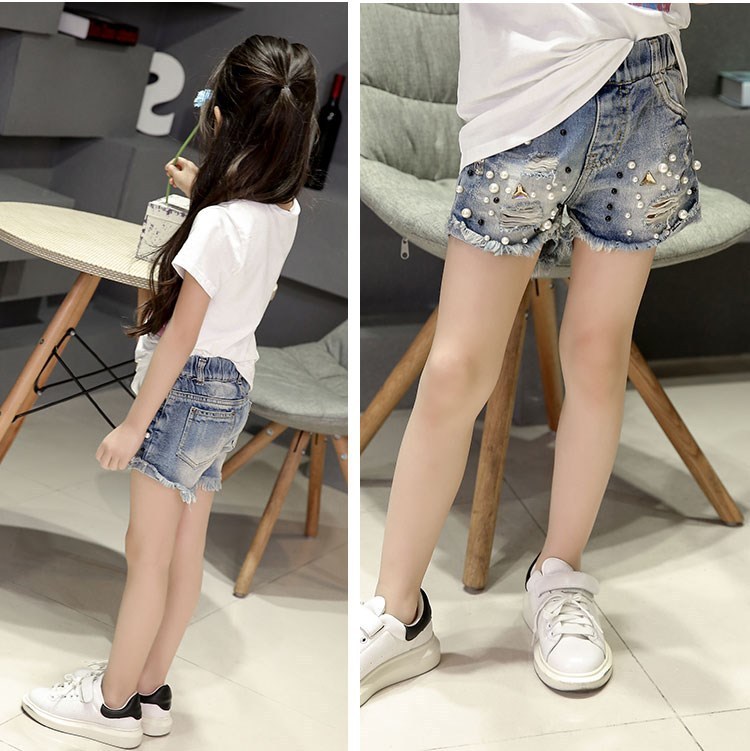 Girls' clothing pearl jeans shorts summer Korean style medium and large children's hot pants children's leggings casual pants
