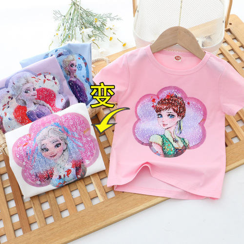 Girls summer same style children's clothing little girl short-sleeved double-sided color changing sequin T-shirt princess top