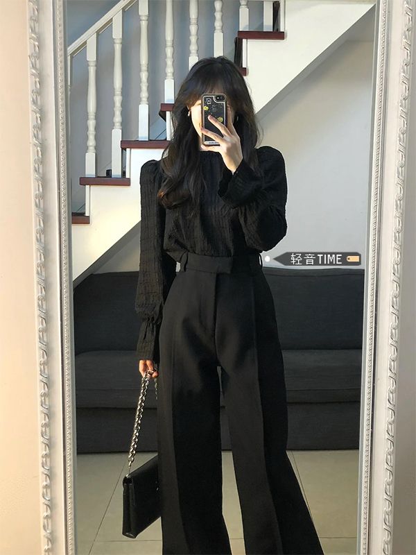 High-end temperament pleated lantern sleeve shirt suit for women early autumn high-waisted straight loose slim suit wide-leg pants