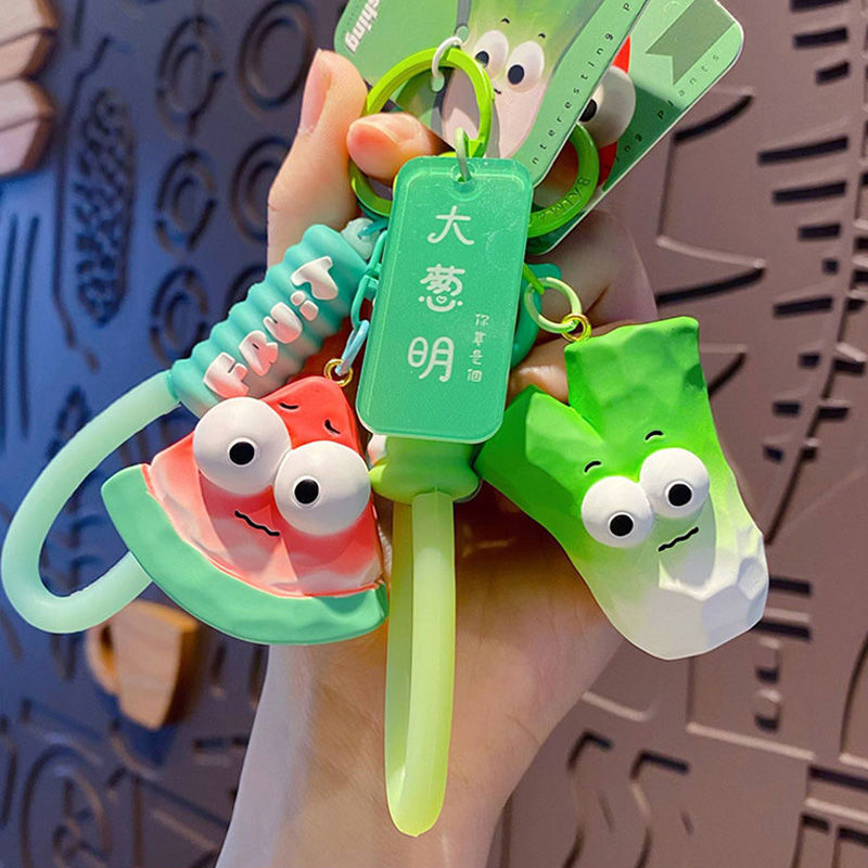 Cartoon wood carving style watermelon keychain for women, cute fruit series, exquisite car key pendant, bag small pendant