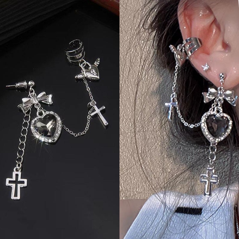 Sweet Cool Dark Little Devil Sweet Cool Love Bow Earrings Niche Design Loli Hot Girl Y2K Earring Trend