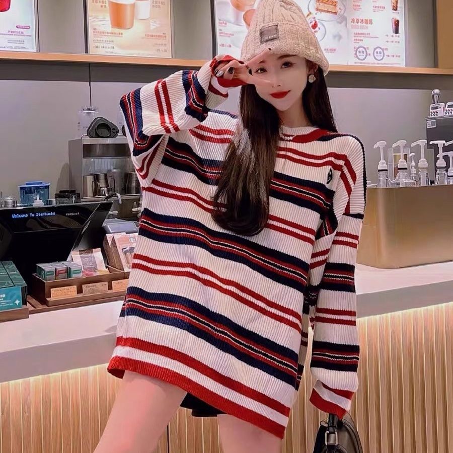 Lazy style loose mid-length striped sweater for women 2023 autumn and winter striped contrast color Western style versatile sweater for women