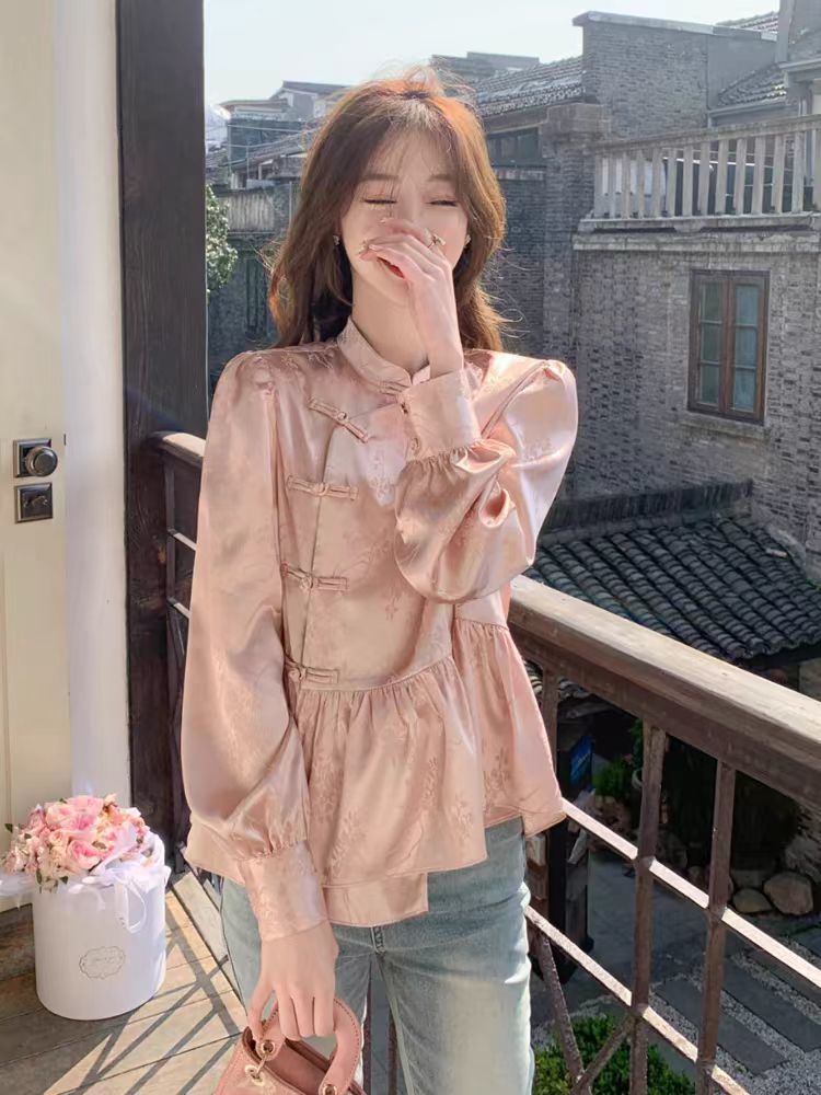 2023 Early Autumn New New Chinese Style National Style Women's Wear Small Pink Plate Button Shirt Top Design Niche