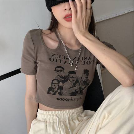 短款短袖T恤女夏季新款美式復古修身心機鏤空辣妹ins潮上衣