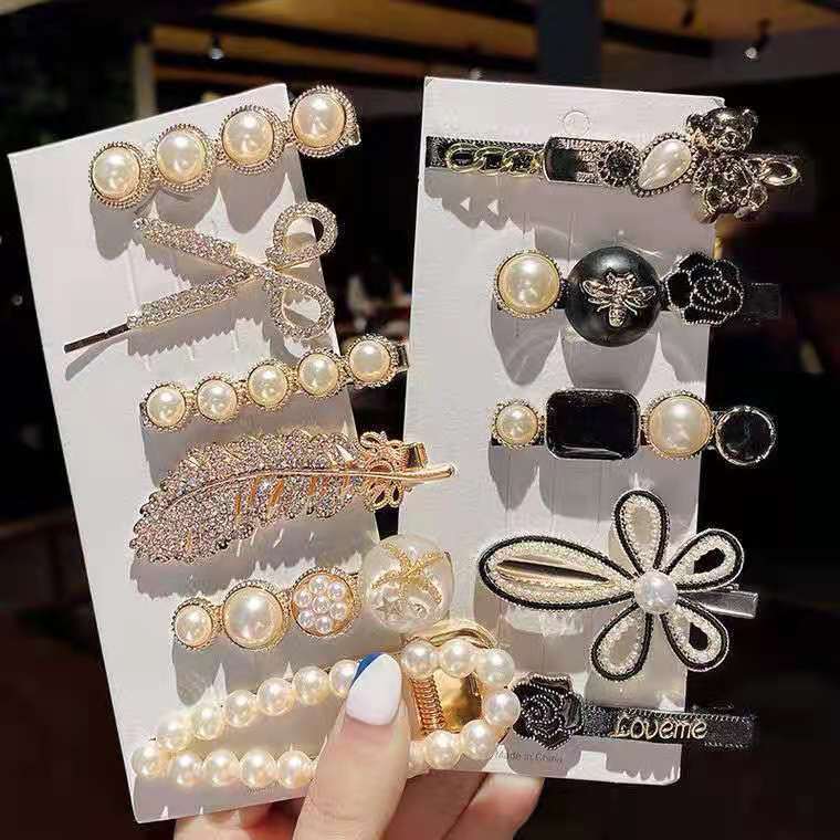 South Korea's Dongdaemun feather hairpin 6-piece set of scissors pearl alloy hairpin one-word clip duck clip duckbill clip
