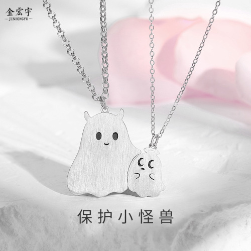 Original little ghost couple necklace sterling silver sweet cool style personalized niche clavicle chain cartoon pendant Halloween gift