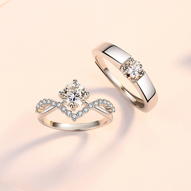 Crowning Love Couple Ring Four-Prong 1-Carat Zircon Diamond Ring A Pair of Men's and Women's Wedding Rings Crown Open Pair of Rings