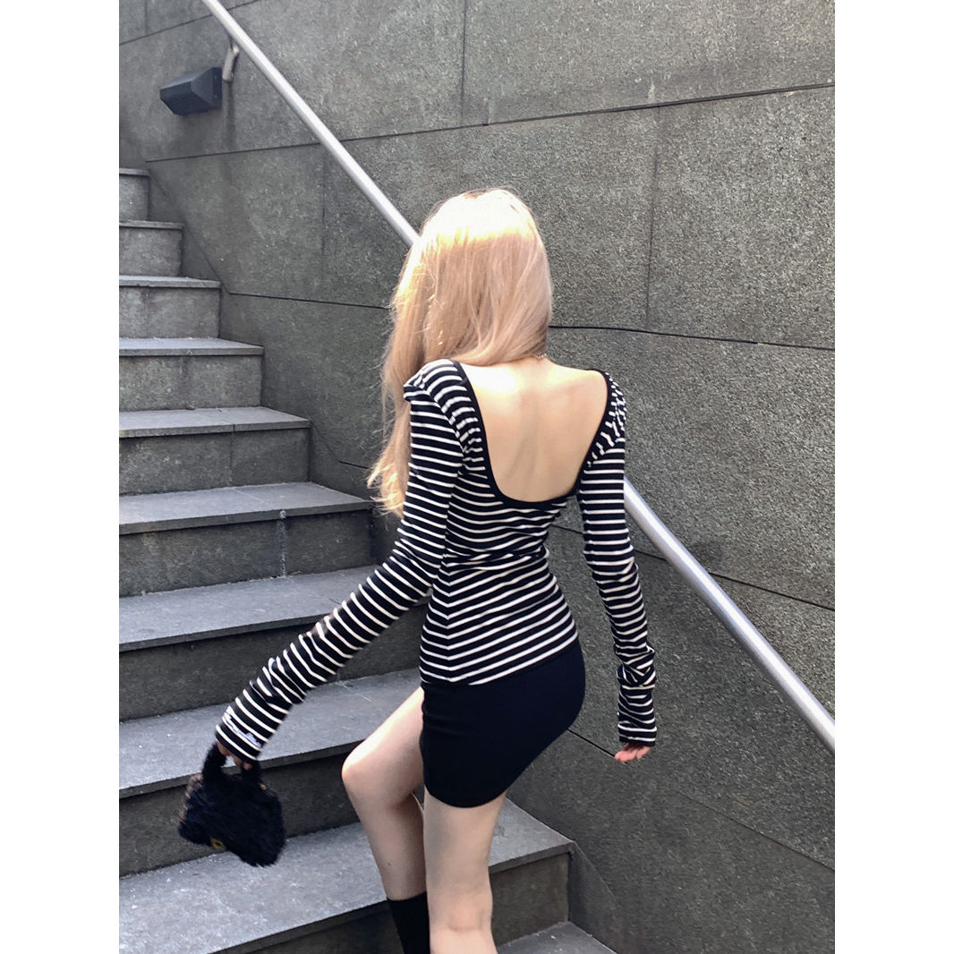 Hot girl hollow backless hollow slim slimming fashionable and versatile outer wear long-sleeved sexy short t-shirt striped top