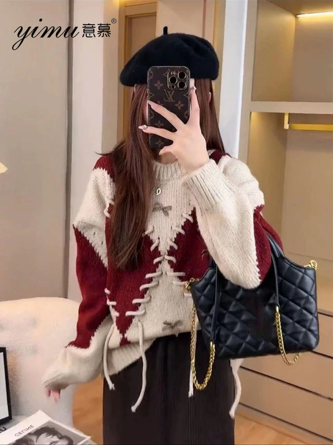 Yimu Contrast Color Retro Diamond Christmas Sweater Women's Autumn and Winter Lazy Style High-Quality Super Nice-looking Knitted Sweater Top