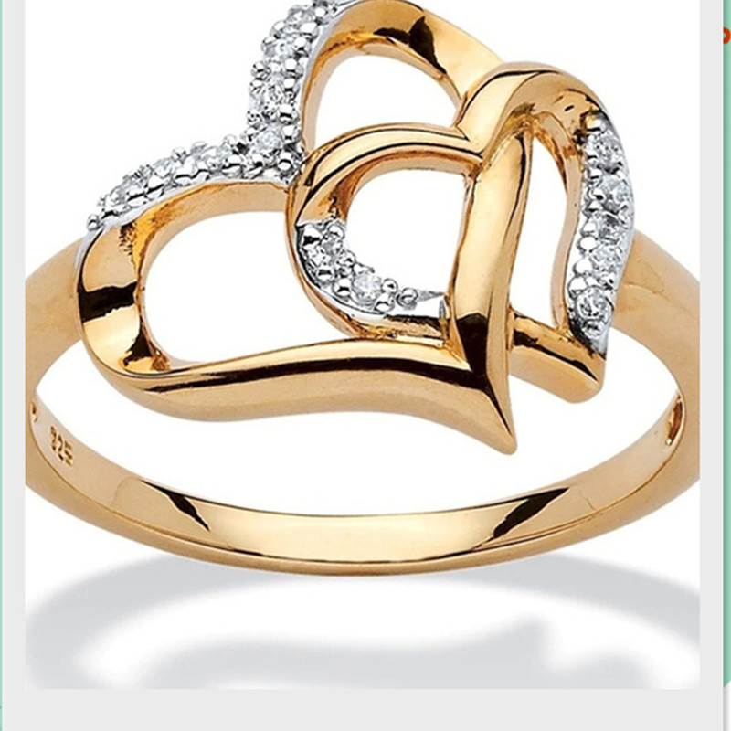 WISHI Double Heart Hollow Diamond Ring Love Proposal Ring Fashionable and Simple Heart-to-heart Women's Jewelry