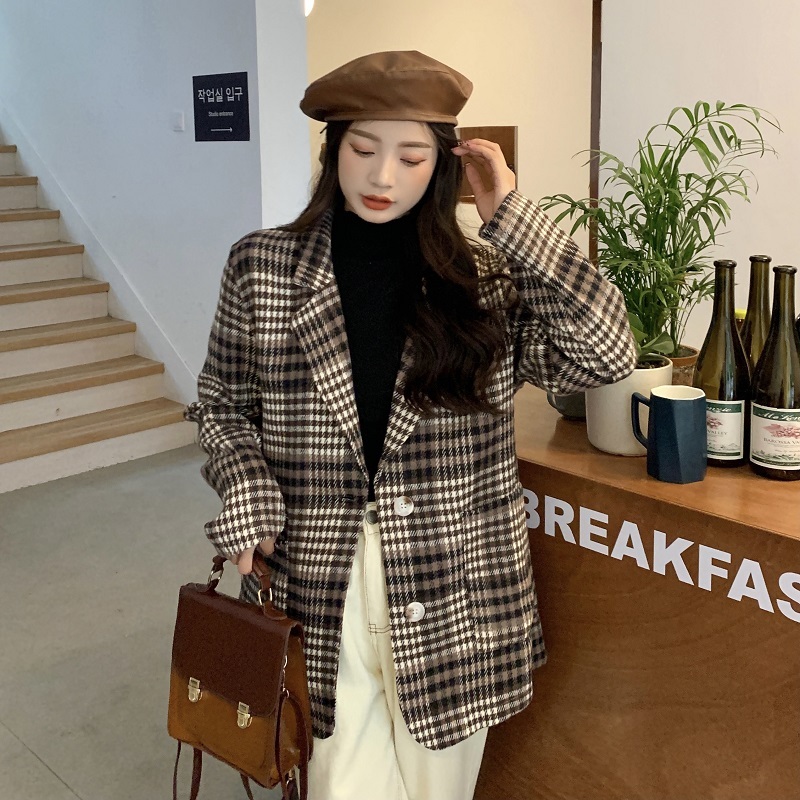Large size spring and autumn large size versatile houndstooth loose, gentle and sweet plaid design long-sleeved suit for women