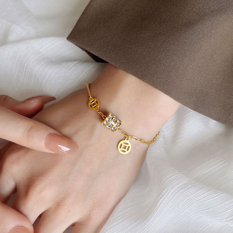 Golden small waist bracelet for women with huge wealth, three rows of diamond pendants ins niche design titanium steel copper coin bracelet