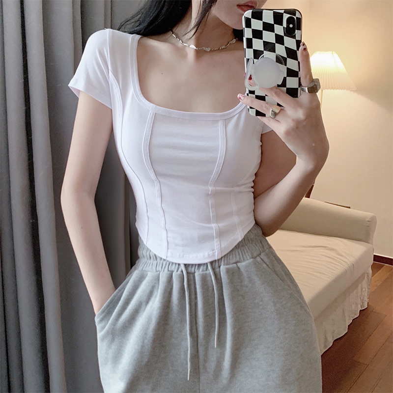 實拍  修身短款方領魚骨短袖T恤女辣妹上衣ins潮