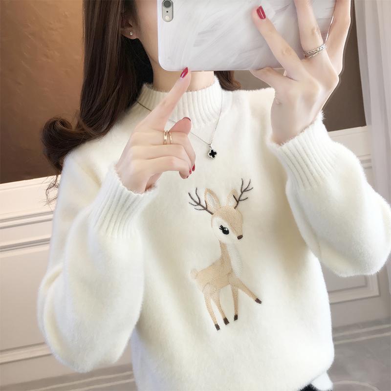 Green imitation mink velvet knitted sweater for women 2024 autumn and winter new loose half turtleneck thickened bottoming shirt for women