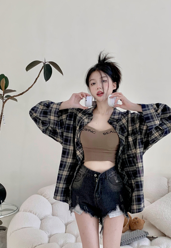 Real shot Beauty school invitation | Plaid long-sleeved sun protection shirt women's summer cardigan thin outer top bf