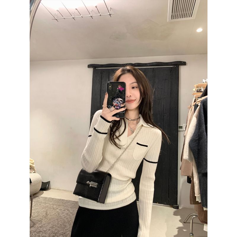White polo collar knitted bottoming shirt for women early autumn new top retro contrast color small fragrance style inner slim sweater