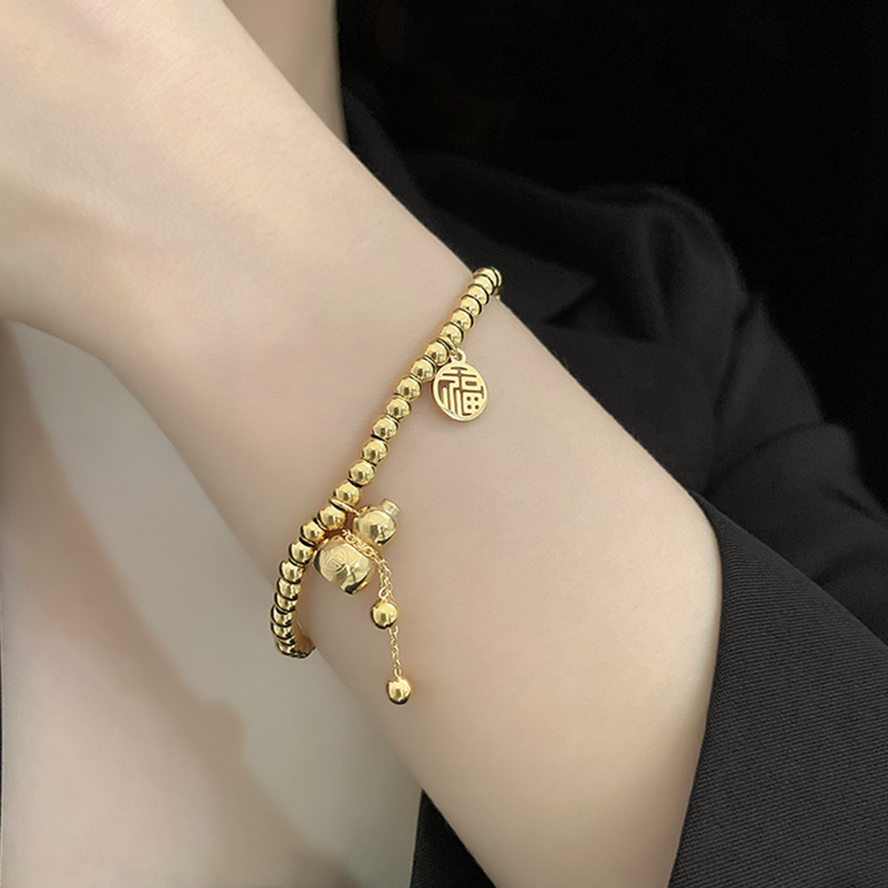New style simple small gourd titanium steel ball elastic rope bracelet with blessing characters, non-fading retractable bracelet for women