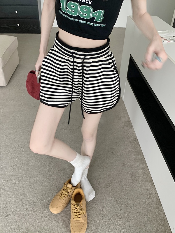 實拍 新款黑白條紋抽繩休閒褲女薄款高腰百搭短褲