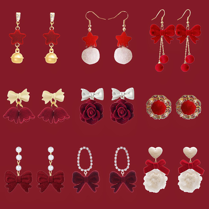 Autumn and winter sweet temperament fur ball earrings for women red bow earrings new fashion niche earrings