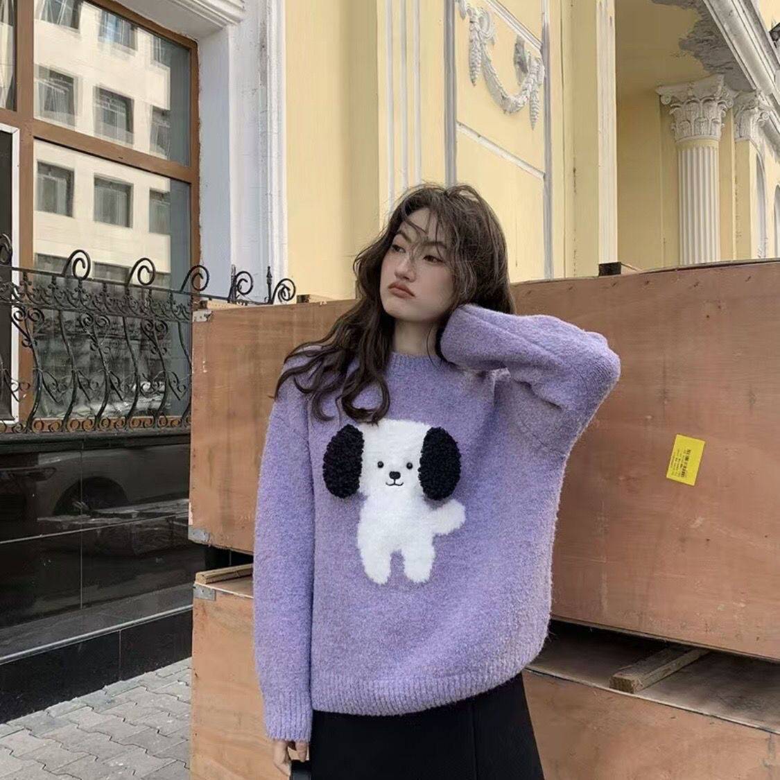 New autumn and winter style small loose lazy three-dimensional plush cute puppy jacquard sweater sweater tops for women