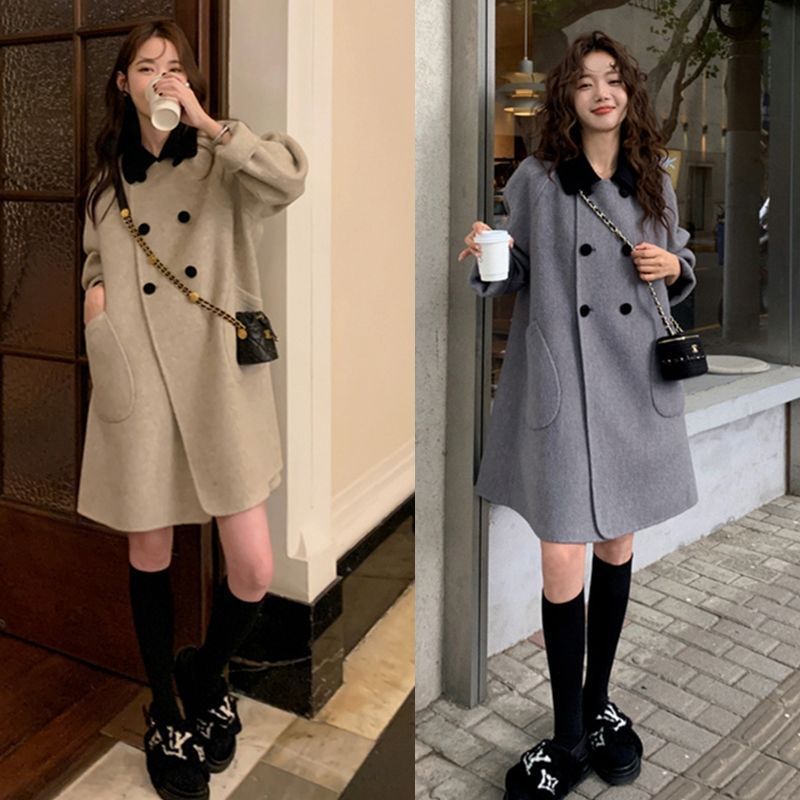High-end 2023 Korean version retro contrasting color lapel temperament double-sided woolen coat for women spring and autumn mid-length versatile coat