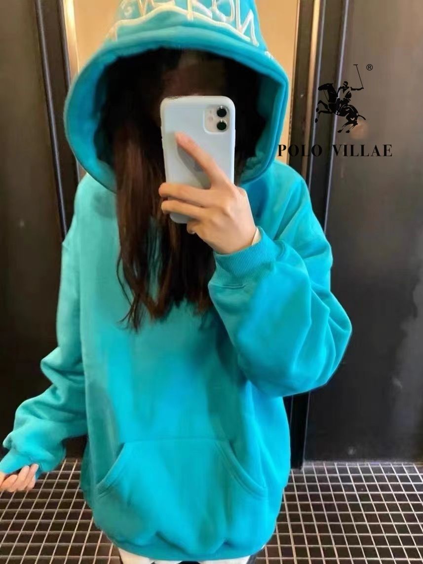 [Pure cotton] American handwritten embroidery velvet hooded sweatshirt ins new autumn and winter loose and versatile outer top