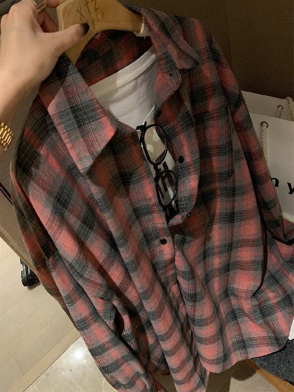 Fashionable Loose Oversize Red Gray Plaid Shirt Women's 2023 Autumn Long Sleeve Slim Casual Shirt Jacket