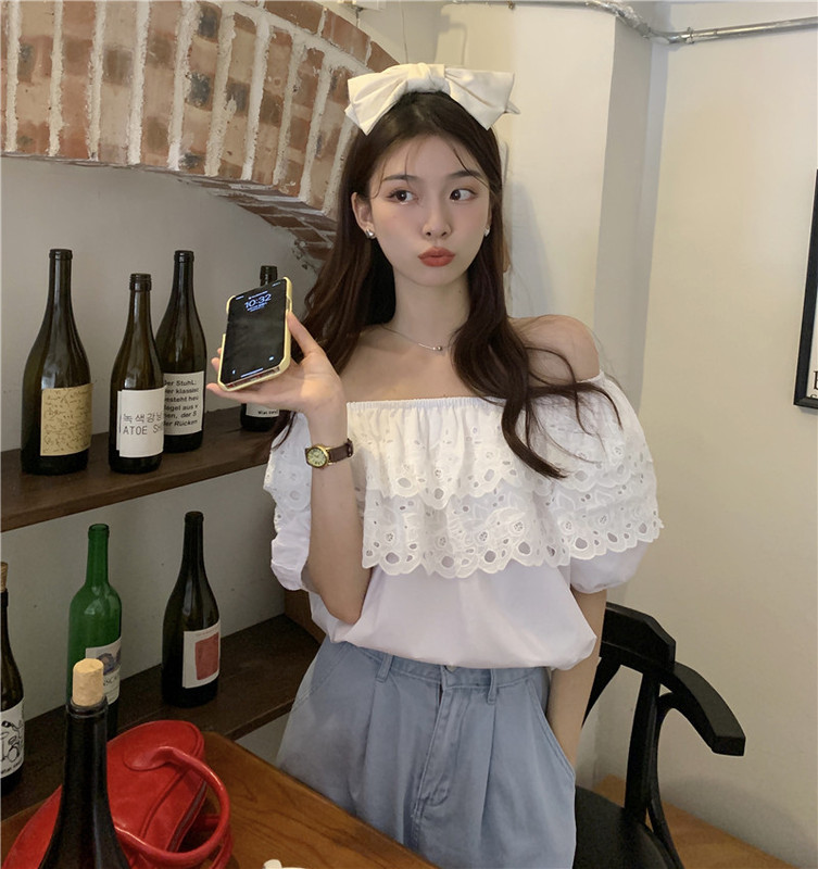 X實拍氣質韓系小姐姐 設計感蕾絲拼接一字肩襯衫短袖