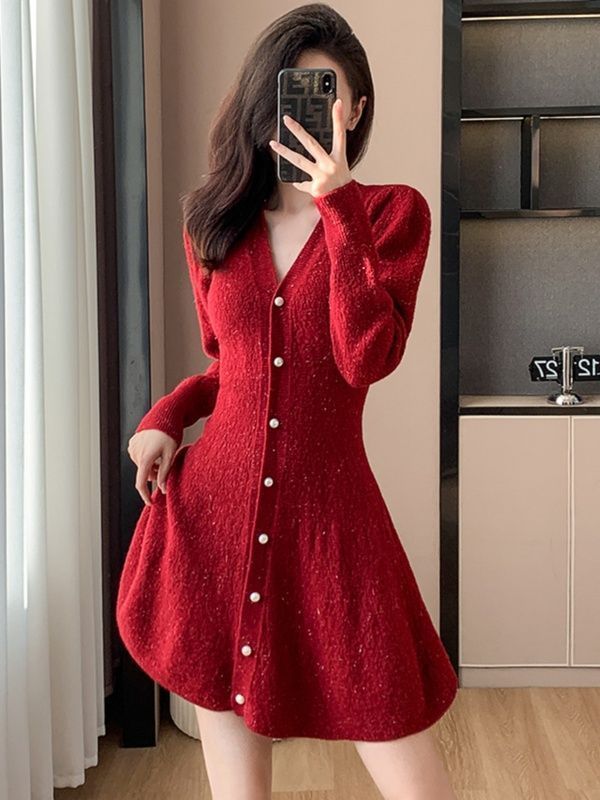 Chinese Style Autumn and Winter Sweater Dress Women's 2023 New Waist Slimming Small Bottoming Knitted Skirt Trendy