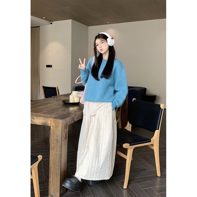 Suit for women 2023 autumn and winter lazy style versatile blue mink velvet sweater + polka dot suspender + high waist skirt for women