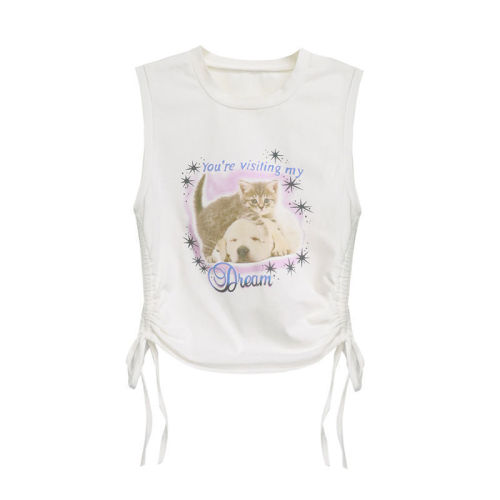 】Threaded polyester cat print sleeveless vest, feminine pure desire, sweet and spicy slim fit cartoon fun top trendy