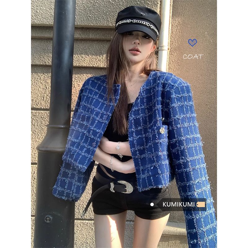 Xiaoxiang style blue plaid long-sleeved coat for women in autumn niche temperament short loose slimming top
