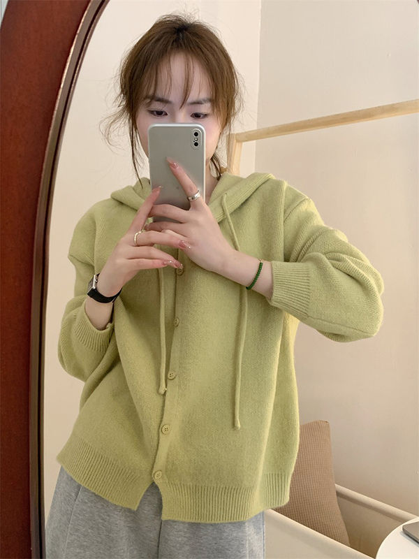 Korean style simple scenery plate hooded sweater jacket solid color versatile temperament sweater button cardigan flesh-covering sweater