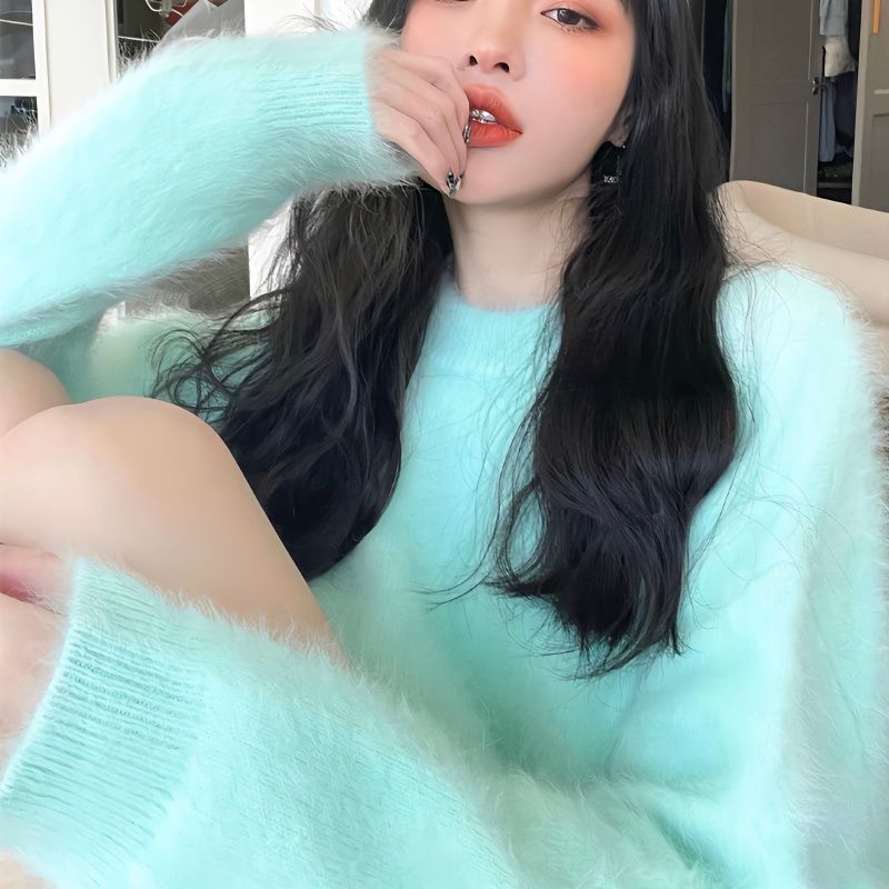 Pure desire style mint green high-end new long-haired mink sweater for women mid-length lazy style loose knitted super thick